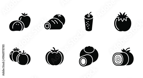 Black and white icons depicting various fruits and a beverage in a simple style