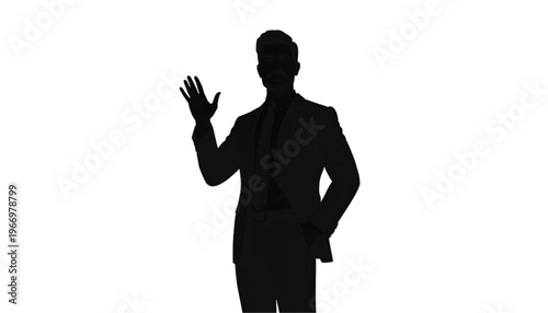 Dark silhouette of a person in a suit waving hand directly toward the viewer on a pure white backdrop.