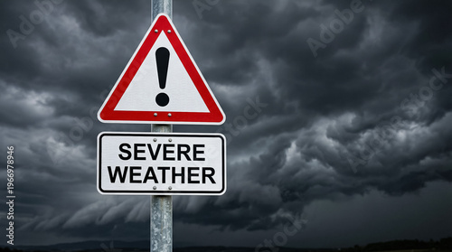 Dark clouds swirl above a warning sign. Red triangle shows a black exclamation mark. The sign reads 