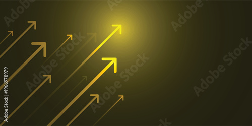 Glowing arrow on dark yellow background, business growth competition concept.