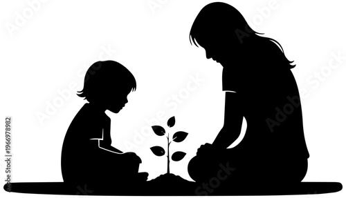 Mother and child planting tree together in a heartwarming moment
