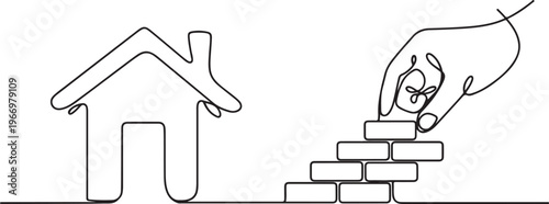 One line continuous building house Hand arranging bricks. One line draw graphic design vector