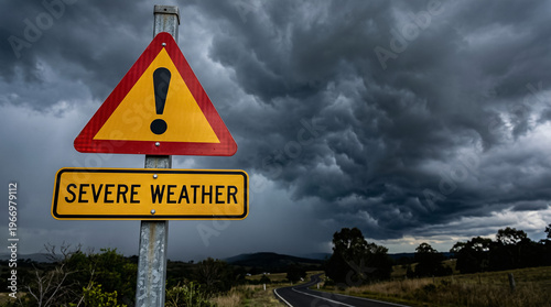 Dark clouds loom over a warning sign. Road stretches into distant hills under stormy skies. Yellow sign warns of severe weather ahead
