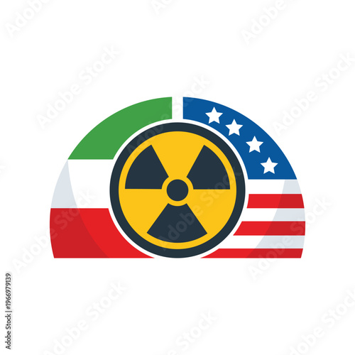 Illustration of the Iranian and US flags with nuclear symbols in a flat vector style. It symbolizes nuclear tensions, geopolitical conflicts, and global security issues. Ideal for news and political t