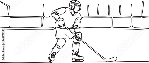 Single continuous line drawing of young professional ice hockey player pose stylish on ice rink arena. Extreme winter sport concept. One line draw graphic design vector