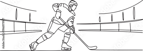 Single continuous line drawing of young professional ice hockey player pose stylish on ice rink arena. Extreme winter sport concept. One line draw graphic design vector