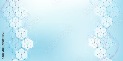 Health care or medical abstract background with hexagons, lines and dots. Scientific innovation banner template concept. Biology and pharmaceutical technology background. Vector illustration.