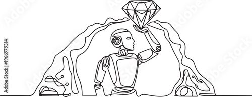 Single one line drawing robot bearing big diamond from underground. Future technology development. Artificial intelligence and machine learning. One line draw graphic design vector