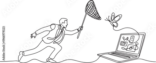 Single one line drawing attractive businessman try to catching flying laptop with butterfly net. System data computing for working efficiency. One line draw graphic design vector