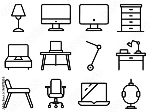 A collection of minimalist office-related icons, each illustrating essential work-from-home elements for productivity.