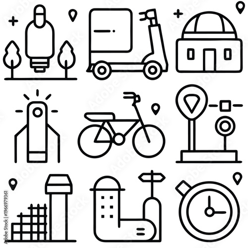 Illustrated collection of transportation and delivery icons, perfect for representing logistics, navigation, and urban mobility concepts.