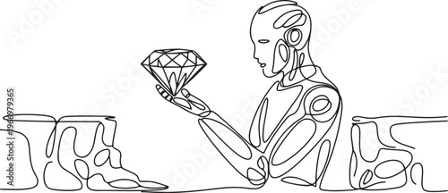 Single one line drawing robot bearing big diamond from underground. Future technology development. Artificial intelligence and machine learning. One line draw graphic design vector
