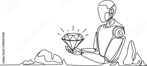 Single one line drawing robot bearing big diamond from underground. Future technology development. Artificial intelligence and machine learning. One line draw graphic design vector