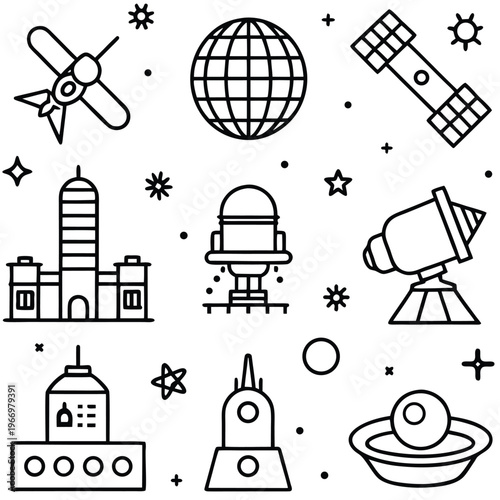 An artistic depiction of space travel, exploring the beauty and wonder of the cosmos. It features meticulously crafted outline illustrations of various spacecraft, planets, and astronomical devices.