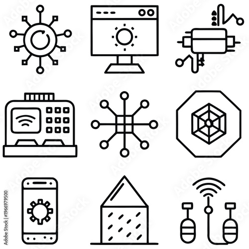 Collection of stylized digital icons. Illustrating modern technology, the interconnected world of communication and information. 