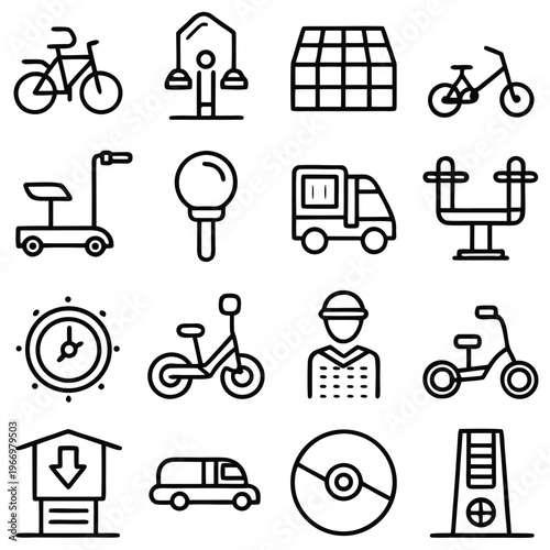 Vector set of illustrated line drawings representing various objects and icons related to transport and technology.
