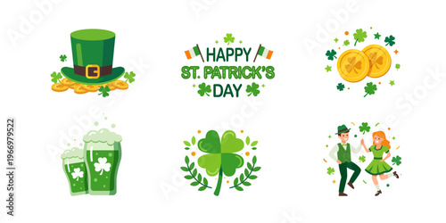 St. Patrick's Day icon set with leprechaun hat, gold coins, clover, beer, and dancing couple. Irish luck festival vector illustration for greeting cards and posters isolated on white background.