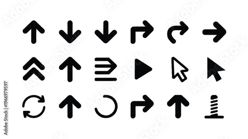 Collection of various black arrow icons on white background
