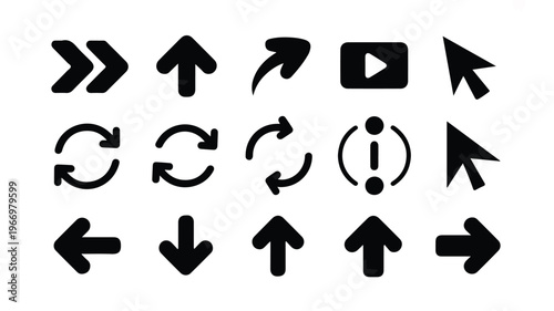 Collection of various black arrow icons and symbols on white background