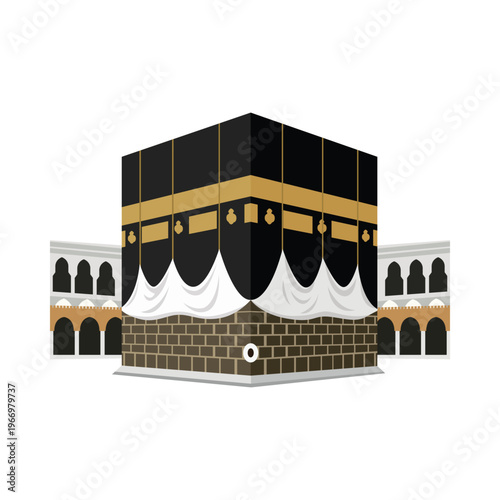 Vector illustration of the Holy Kaaba in Mecca, Saudi Arabia. Islamic religious landmark and pilgrimage site for Hajj and Umrah. Mosque architecture isolated on white background.