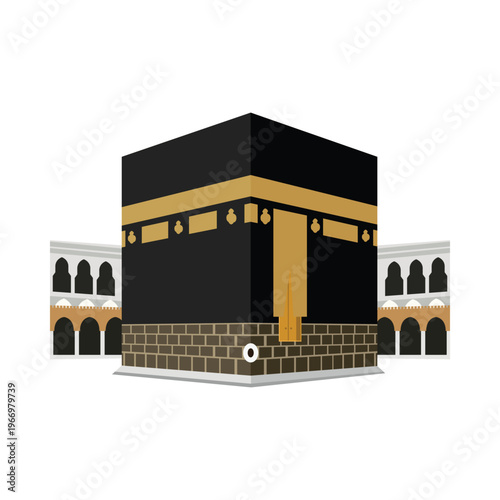 Vector illustration of the Holy Kaaba in Mecca, Saudi Arabia. Islamic religious landmark and pilgrimage site for Hajj and Umrah. Mosque architecture isolated on white background.