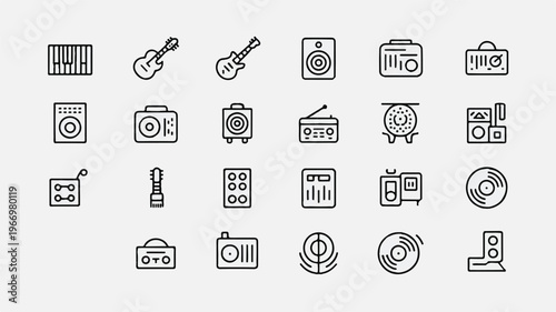 Collection of various music equipment and audio devices icons