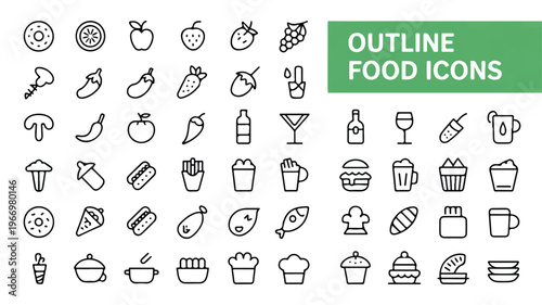 Collection of various outline food icons on white background
