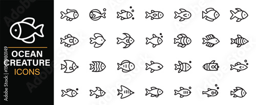 Underwater world and sea animal outline icons