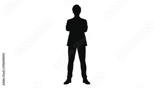 Silhouette of a confident businessman standing with arms crossed against a stark white background for.
