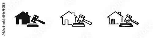 Real Estate Auction and Law Icon Set - House with Gavel Symbol
