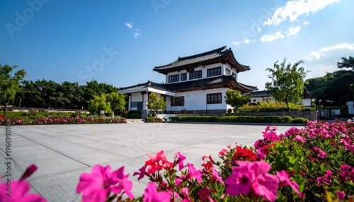 Traditional Japanese Pagoda Architecture Surrounded by Blooming Flowers and Greenery.