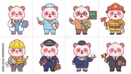  Set of funny cartoon animals featuring a cute panda, character collection in a vector illustration style Animal in Uniform, Doctor, Nurse, Firefighter, Air Hostess, Flight Captain, Teacher, Engineer