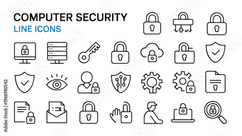 Computer security line icons set for protection and safety concepts