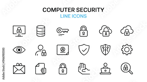 Computer security line icons set for website protection and safety
