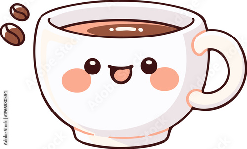 Cute coffee cup character with a happy face and coffee beans, funny cafe mascot illustration