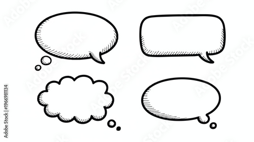 Four comic style speech bubbles in different shapes and sizes for dialogue and text