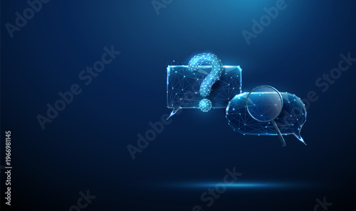 3d two speech bubbles with question mark and magnifying glass. Information clarification, customer inquiry processing, problem investigation message research concept.