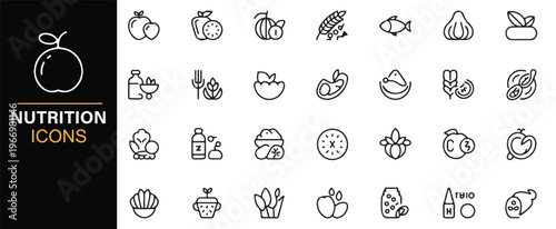 Organic food and wellness line icons collection