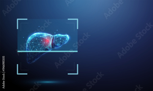 3d blue human liver inside digital scanning frame with and red spot. Hepatic examination, lesion detection, liver disease identification, tissue abnormality screening concept.