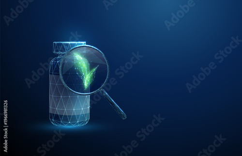 3d medicine jar under magnifying glass with green leaves. Natural medical products, herbal pharmaceuticals,  organic supplements, botanical therapy, alternative healthcare  concept