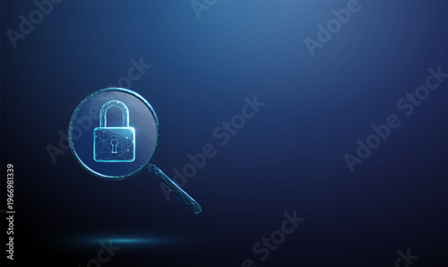 3d padlock under magnifying glass. Security inspection, privacy audit, cybersecurity analysis, risk assessment, trust validation, data protection review concept