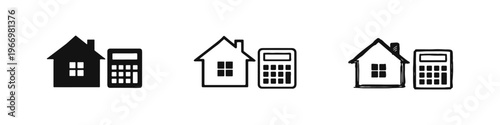 Home Finance and Mortgage Calculation Icon Set - House with Calculator Symbol