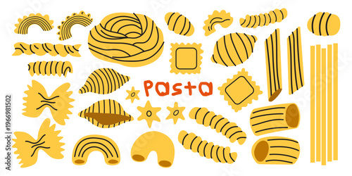 Large set of various Italian pasta shapes including penne, fusilli, farfalle and macaroni. Vector illustration of dry pasta types on white background
