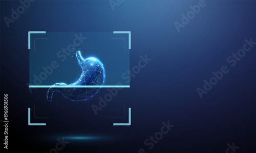 3d blue human stomach inside digital scanning frame. Gastrointestinal examination, digestive system analysis, tissue imaging, disease detection, clinical diagnostics concept.