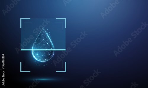 3d water drop inside digital scanning frame. Water quality analysis, contamination detection, purity screening, environmental monitoring, laboratory testing concept.