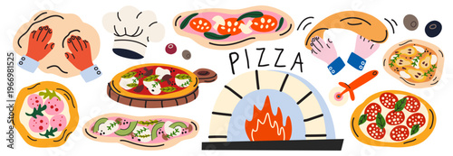 Hand drawn vector illustration of pizza making process with ingredients, dough and a wood fired oven. Different types of pizza in cartoon flat style