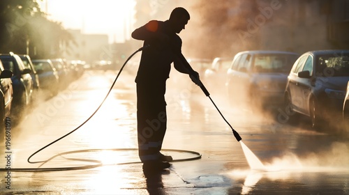 A silhouette of a worker power washing a city street in dramatic sunlight. Reflective wet pavement, glowing mist, and strong light contrast create a cinematic scene.