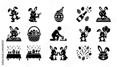Easter Party Silhouette Icon Set – Bunny Celebration, DJ, Eggs, Champagne and Festive Holiday Symbols