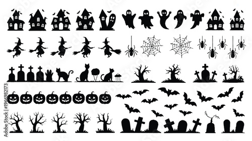 Halloween icons set including houses ghosts pumpkins and bats