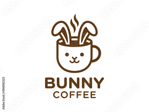 Bunny coffee logo vector rabbit ears in cup mascot with typography minimalist cafe branding